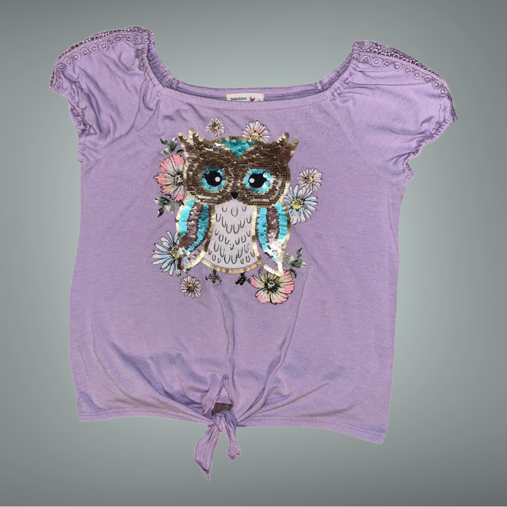 Beautees Sequence Owl Shirt, purple size L.